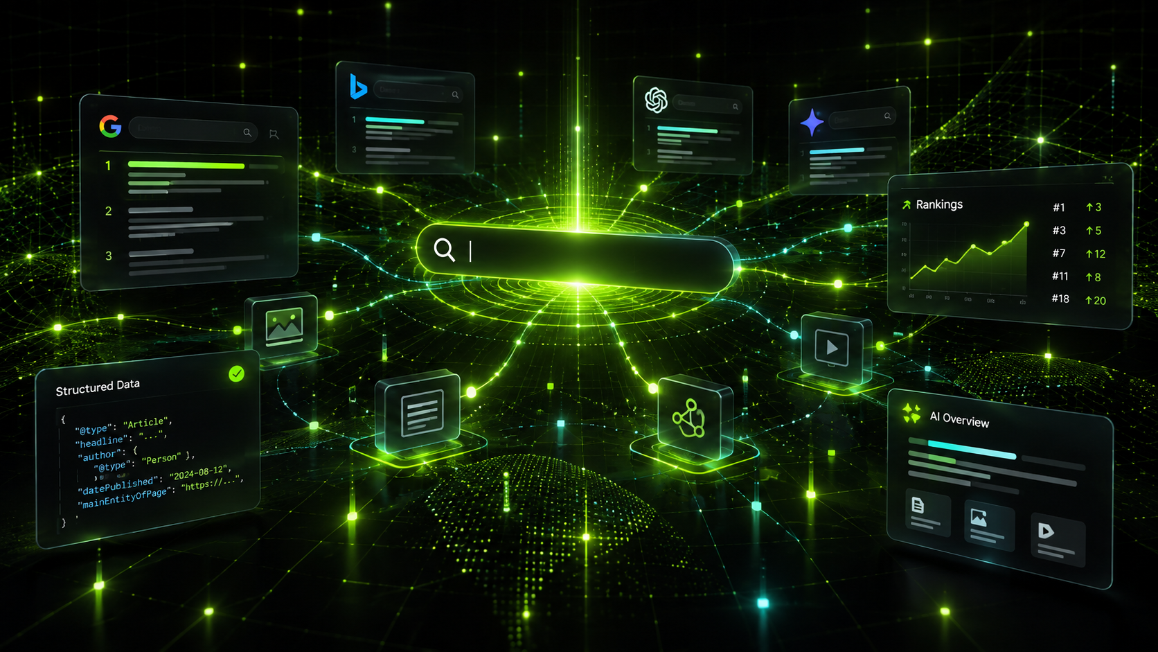 Search visibility system spanning Google, Bing and AI answers with structured data and ranking reports