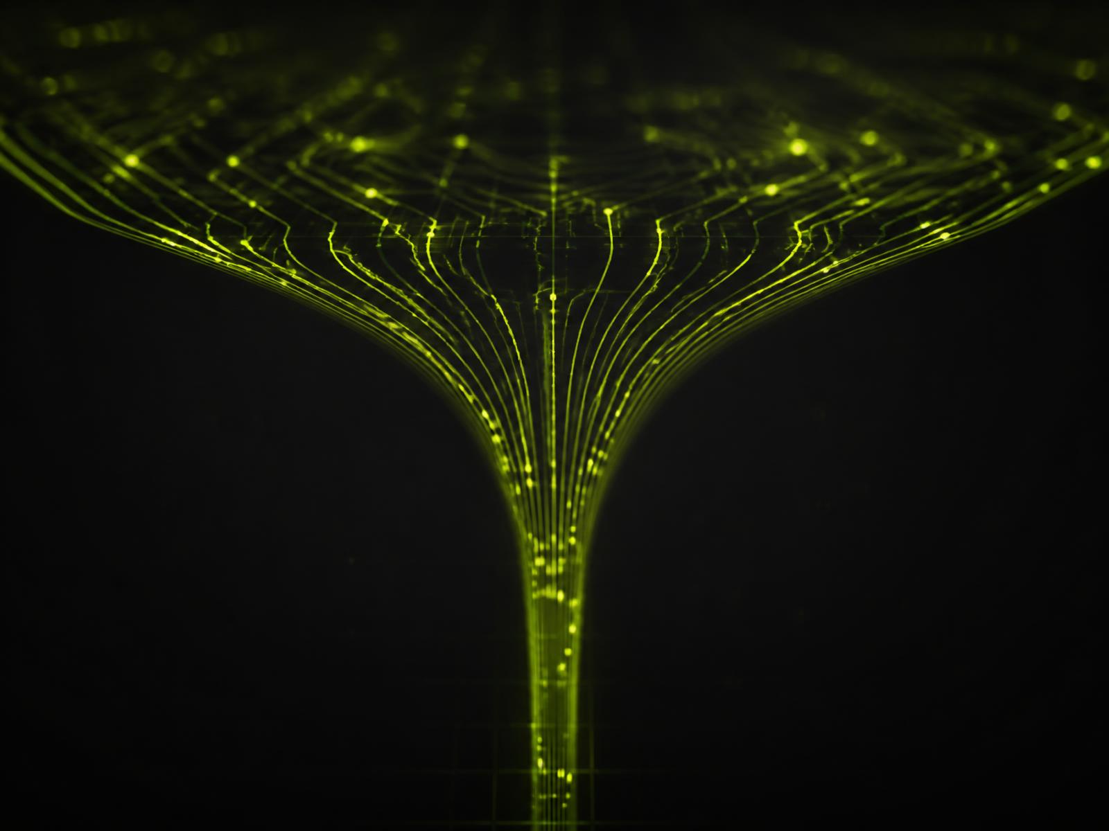 Many glowing lime traces converging into a single channel, representing a lead funnel
